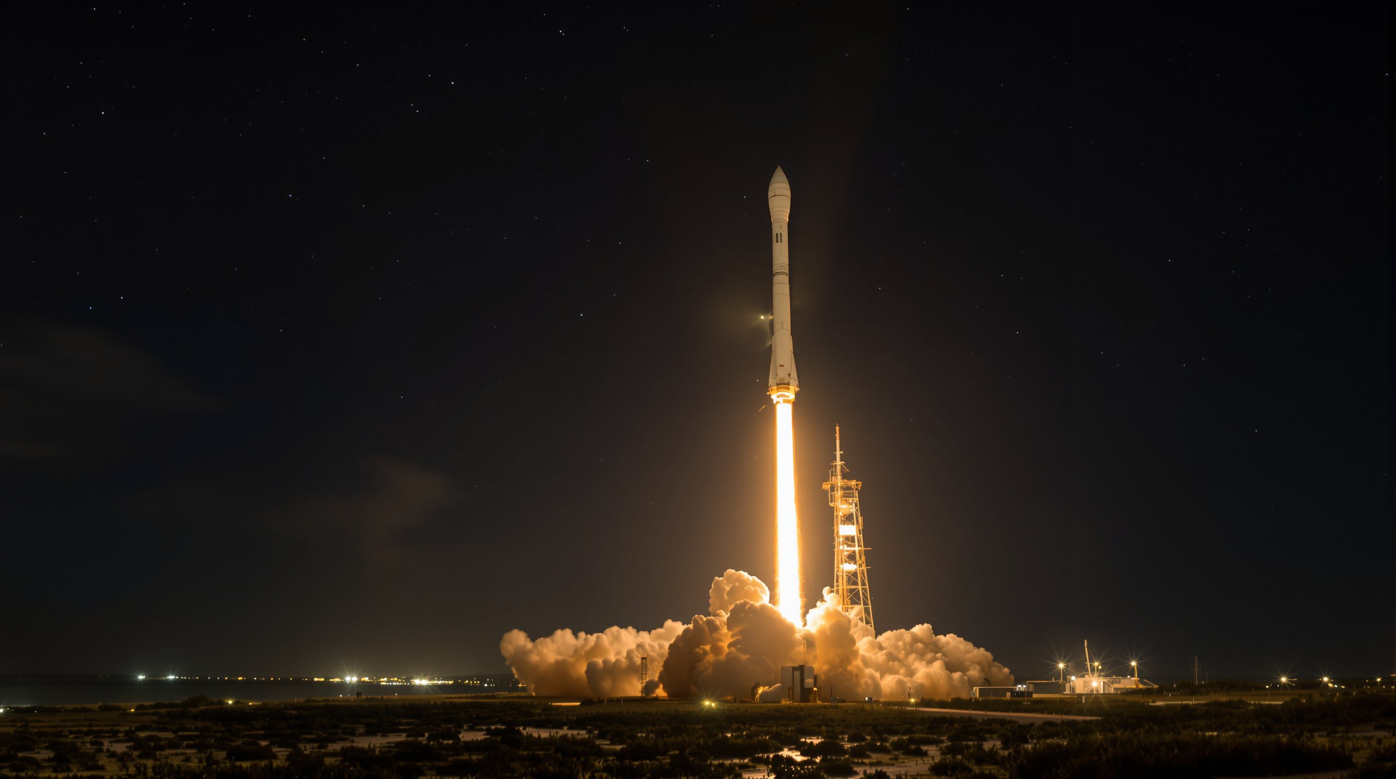 A rocket climbing on a bright engine plume through a dark, star-filled night sky above a coastal launch pad